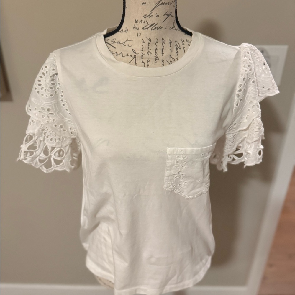 Anthropologie White Ruffled Short Sleeve Top